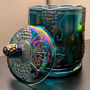 Carnival Glass Harvest Grapes Blue Iridescent Glass Candy Dish/Canister W/ Lid